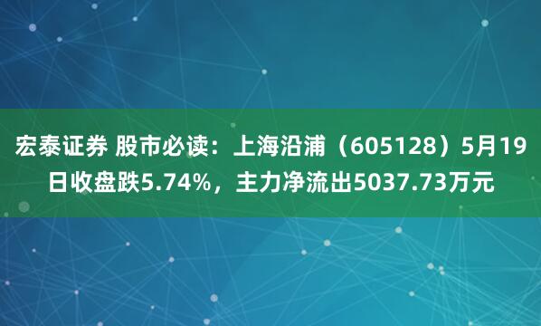 宏泰证券 股市必读：上海沿浦（605128）5月19日收盘跌5.74%，主力净流出5037.73万元